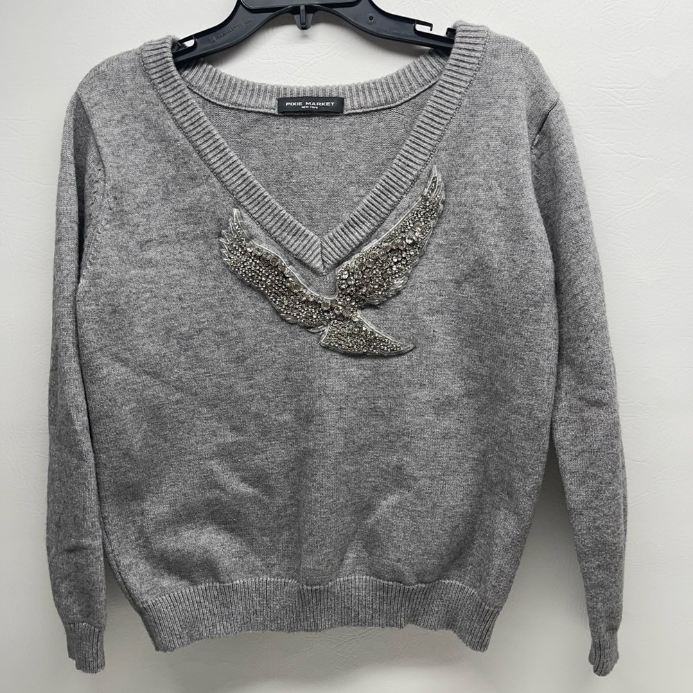 Pixie Market New York gray sweater eagle stones print size L